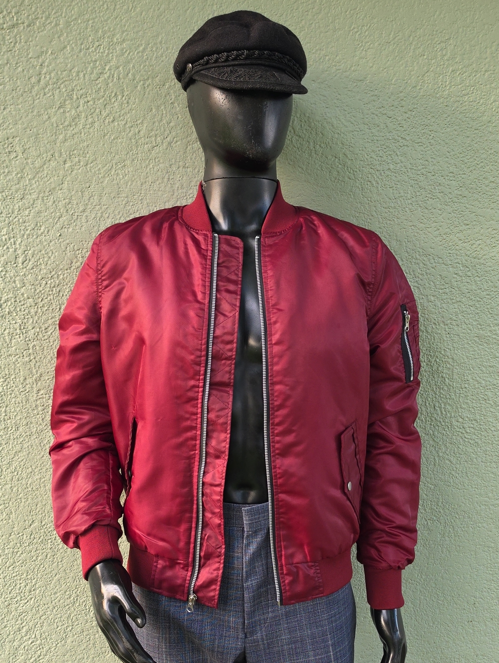 Brooklyn Cloth Men's Full Zip Solid Burgundy Red Bomber Jacket